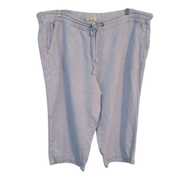 Per Se Pants - Per Se Linen Blend Striped Crop Pants 1X Blue White Coastal Grandma Nautical